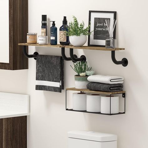 Wall Floating Shelves, Bathroom Shelf Organization, Floating Shelves Wall, Industrial Pipe Shelves, Over Toilet, Toilet Paper Storage, Shelves Wall, Brown Home Decor, Pipe Shelves