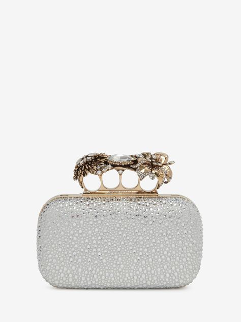 Flower Knuckle Clutch in Silver | Alexander McQueen GB Alexander Mcqueen Clutch, Knuckle Duster, Embellished Bags, Embellished Clutch, Luxury Designer Handbags, Unique Bags, Leather Clutch Bags, Leather Clutch, Alexander Mcqueen