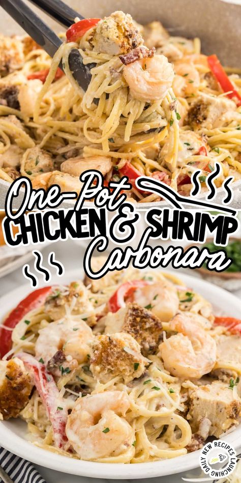 Savor the irresistible flavors of our chicken and shrimp carbonara, where tender chicken, succulent shrimp, and parmesan sauce combine for a truly decadent dining experience. Chicken Shrimp Recipes, Shrimp Rolls Recipe, Creamy Carbonara Sauce, Chicken And Shrimp Carbonara, Shrimp Carbonara, Holy Cannoli, Breaded Chicken Breast, Carbonara Recipe, Chicken And Shrimp Recipes