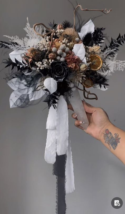 Crystal Flower Arrangements, Gothic Floral Bouquet, Gothic Wedding Flower Arrangements, Black Crystal Bouquet, Witchy Floral Arrangements, Goth Flower Arrangements, Viking Elopement, Gothic Flower Arrangements, Wedding Bouquet With Crystals