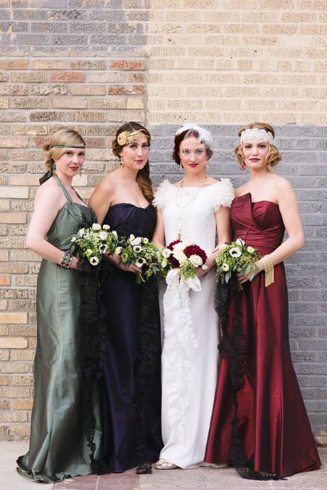 Bella Bridesmaid Dresses, Vintage Bridal Fashion, Roaring 20s Wedding, 20s Wedding, Great Gatsby Wedding, 1920s Wedding, Bridesmaid Inspiration, Mismatched Bridesmaids, Mismatched Bridesmaid Dresses