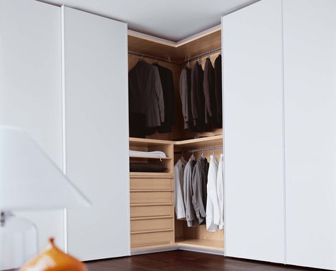 Corner Closet Ideas With Doors, Wardrobe Corner Design, Corner Closet Ideas, Fitted Wardrobe Interiors, Wardrobe Corner, Corner Wardrobe Closet, Sliding Door Wardrobe Designs, Corner Closet, Fitted Bedroom Furniture