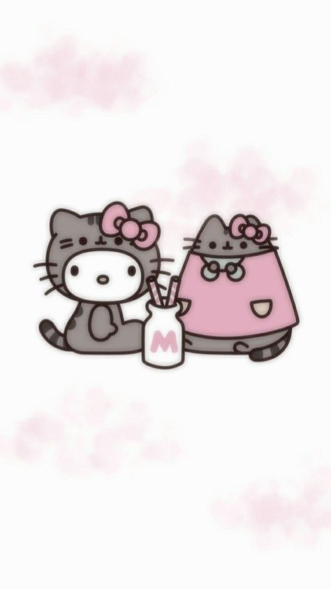 Pusheen And Hello Kitty, Cute Aesthetic Keyboard Wallpaper, Hello Kitty X Pusheen, Nice Wallpapers, Little Miss Characters, Walpaper Hello Kitty, Hello Kitty Aesthetic, Kitty Art, Hello Kitty Halloween