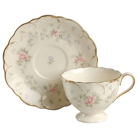 Footed Cup & Saucer Set in the Remembrance pattern by Mikasa. Ivory Bone, Floral, Brushed Gold Trim 2 3/4" Random Objects, Pretty Tea Cups, Pretty China, Coffee Candle, 1 Aesthetic, Ceramics Ideas, Romantic Decor, Teapots And Cups, Vintage Cups