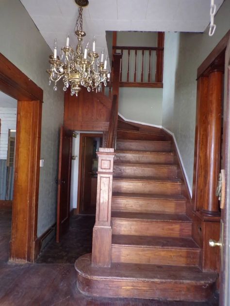 c.1900 Kansas Fixer Upper With Lovely Woodwork Under $33K - Old Houses Under $50K Old Staircase, Wrap Around Porch, Fireplace Tile, Detached Garage, Wood Burning Fireplace, Breakfast Nook, Fixer Upper, One Bedroom, Old House