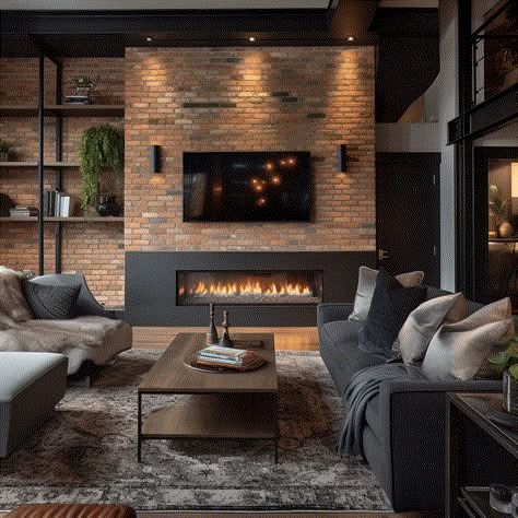 Industrial Touch Electric Fireplace Idea With TV Above Image