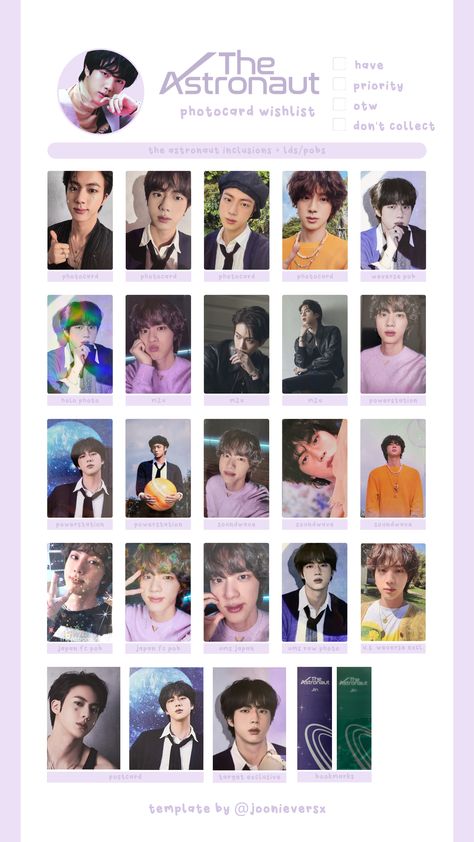 ♡ hd wls/scans are in my linktree! ↳ please don't remove/cut the credits Photocard Wishlist Template, Jin The Astronaut, Wishlist Template, Photo Bookmarks, Jin Photo, The Astronaut, Photo Card Template, Bts Lyrics Quotes, Raw Photo