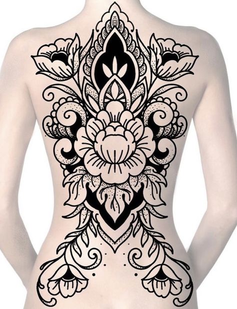 Large Traditional Back Tattoo, Ornamental Back Tattoo Women Design, Full Back Tattoo Mandala, Large Ornamental Tattoo, Ornate Back Tattoo, Back Tattoo Stencils For Women, Trad Back Tattoo, Back Pieces For Women Tattoo, Ornamental Tattoo Design Mandalas