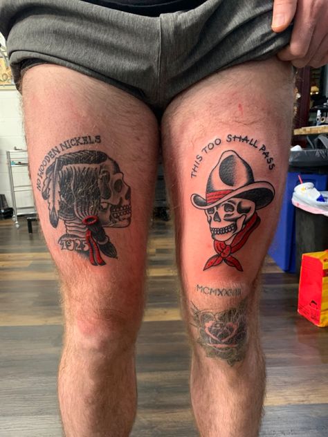 Southwestern Traditional Tattoo, Traditional Thigh Tattoos Men, American Traditional Leg Sleeve Men, Cowboy Indian Tattoo, American Traditional Tattoos Cowboy, Cowboys And Indians Tattoo, Western Themed Tattoos, Traditional Leg Tattoo Men, Traditional Tattoo Native American