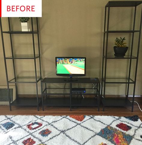 Before and After: A Brand New Look for A Plain IKEA VITTSJÖ | Apartment Therapy Ikea Vittsjo Hack, Vittsjo Hack, Tv Stand Hack, Ikea Area Rugs, Ikea Vittsjo, Ikea Tv, Ikea Shelves, Entertainment Center Decor, Shelf Unit