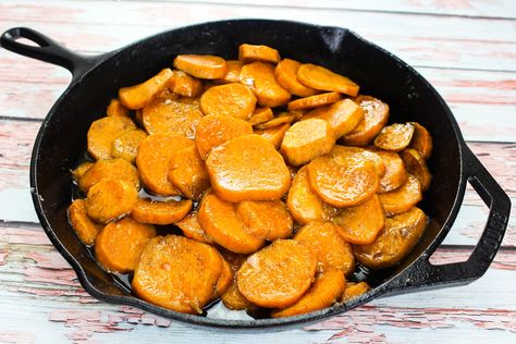 This is the way my mother served sweet potatoes on Thanksgiving and Christmas before she discovered the well known Sweet Potato Souffle recipe. As much as I love the souffle recipe, I still love these potatoes in this wonderful syrup. Hope you enjoy! Sweet Potatoes Stove Top, Potatoes In Cast Iron Skillet, Recipes For Sweet Potatoes, Potatoes Thanksgiving, Sweet Potato Thanksgiving, Candied Yams, Sweet Potato Souffle, Souffle Recipes, Candied Sweet Potatoes