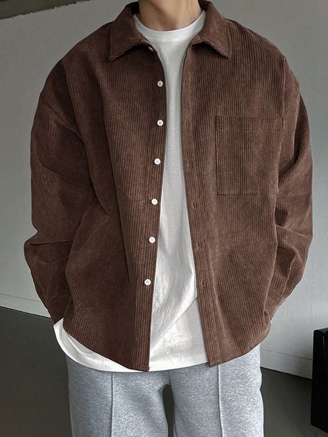 Men's Solid Color Long Sleeve Casual Shirt With Drop Shoulder Coffee Brown Casual  Long Sleeve Corduroy Plain Shirt Non-Stretch  Men Clothing, size features are:Bust: ,Length: ,Sleeve Length: 대학생 스타일, Fashion Outfits Men, Shirt Outfit Men, Classy Outfits Men, Flannel Outfits, Guys Clothing Styles, Men Stylish Dress, Cool Outfits For Men, Outfits Men