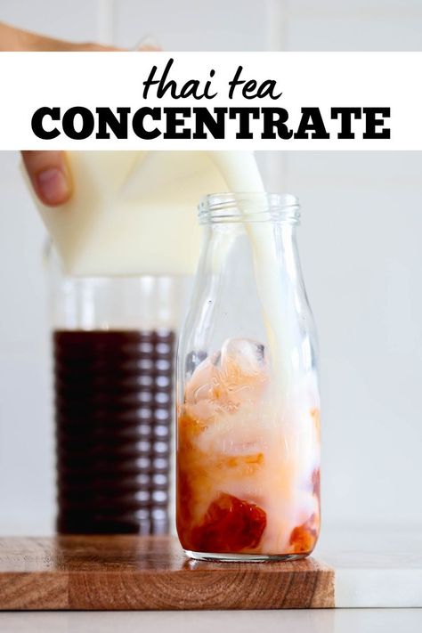 Thai tea syrup in a bottle. Tea Syrup Recipe, Thai Tea Recipe, Tea Concentrate Recipe, Thai Tea Recipes, Blueberry Simple Syrup, Tea Syrup, Apple Brown Sugar, Tea Concentrate, Iced Tea Drinks