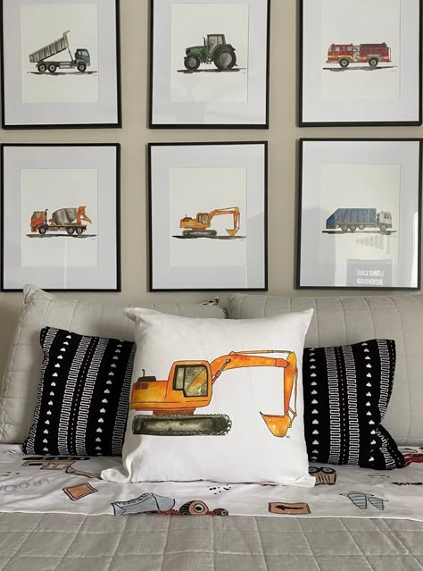 Truck Bedroom For Toddler, Little Boy Bedding, Boys Vehicle Bedroom Ideas, Construction Truck Bedroom, Truck Bedroom For Boys, Truck Themed Boys Room, Construction Bedroom Boys, Little Boy Room Decor, Construction Toddler Room