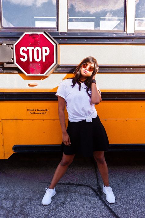 School Bus Photoshoot, Bus Photoshoot, Maxi Skirt Style, Happy Canada Day, Stop Sign, Minimal Look, School Photography, Floral Maxi Skirt, Midi Length Skirts