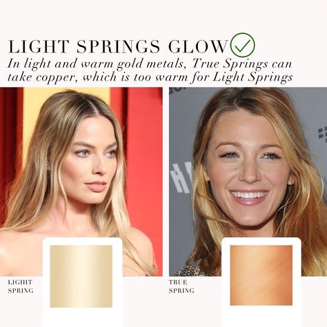 Light Spring VS True Spring comparison 🤍 . #coloranalysis #colouranalysis #lightspring #truespring #warmspring #margotrobbie #blakelively #coloranalyst Light Spring Color Analysis Outfits, Light Spring Vs Warm Spring, Light Spring Celebrities, True Spring Color Palette, Light Spring Palette, Light Spring Color Palette, True Spring Colors, Light Spring Colors, True Spring