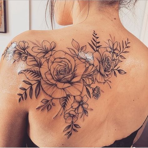 Back Shoulder Flower Tattoos For Women, Back Shoulder Tattoos For Women Unique, Blade Tattoos For Women, Shoulder Blade Tattoos For Women, Shoulder Blade Tattoos, Sage Tattoo, Floral Back Tattoos, Blade Tattoo, Floral Tattoo Shoulder