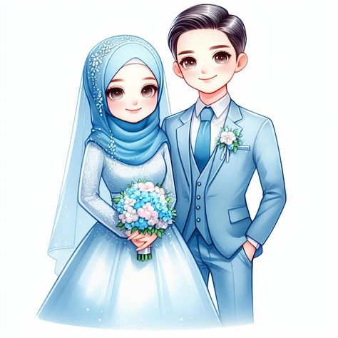 Wedding Cartoon Muslim, Muslim Wedding Couple, 2d Illustration, Muslim Couple, Photo Art Frame, Graphic Design Photoshop, Design Photoshop, Wedding Hijab, Letter Logo Design