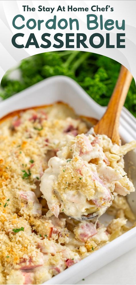 A wooden spoon scooping out a helping of chicken cordon bleu casserole straight from the pan. Cordon Blue, Cordon Bleu Casserole, Stay At Home Chef, Chicken Cordon Bleu Casserole, Chicken Cordon, Pasta Casserole, Chicken Cordon Bleu, Home Chef, Stay At Home