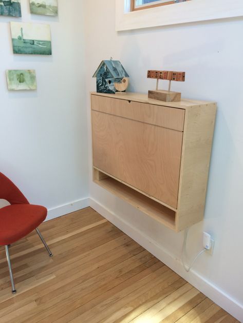 "We used magnets to hold everything closed to keep things looking clean. The first small fold is important, as it acts as a spacer to keep the top of the desk level as it sits on the fold-out supports underneath." Diy Fold Down Desk, Mirrored Desk, Desk For Small Spaces, Murphy Desk, Fold Down Desk, Compact Furniture, Desks For Small Spaces, Small Space Bedroom, Wall Mounted Desk