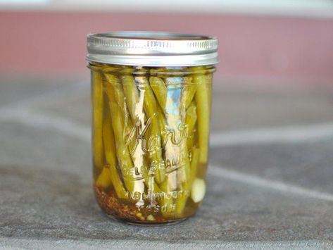 Spicy Dilly Beans Recipe Dilly Beans Recipe, Pickled Green Beans, Dilly Beans, Pickling Salt, Home Canning Recipes, Red Chili Flakes, Beans Recipe, Home Canning, Gluten Free Eating