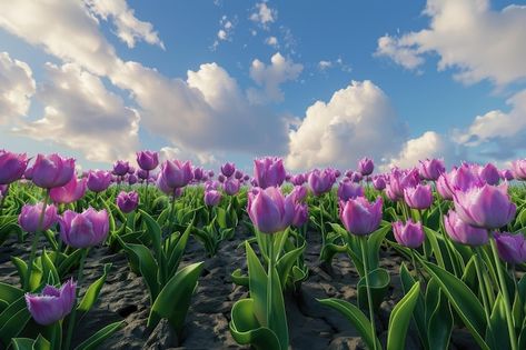 Photo group purple tulips against the sk... | Premium Photo #Freepik #photo Tulips In Landscape, Flower Garden Pictures, Most Popular Flowers, Photo Grouping, Tulip Fields, Purple Tulips, Spring Landscape, Garden Photos, Purple Wallpaper