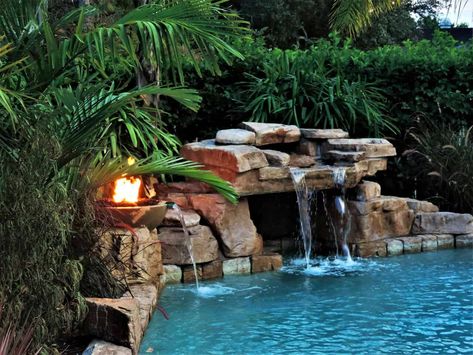 Pool Landscaping Backyard, Pool Grotto, Grotto Pool, Inground Pool Ideas, Swimming Pool Waterfall, Dream Backyard Pool, Water And Fire, Landscaping Backyard, Faux Rock