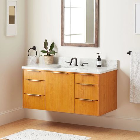 48 Inch Single Sink Vanities | Signature Hardware Updated Bathroom, Mid Century Vanity, Satin Brass Hardware, Teak Vanity, Floating Bathroom Vanities, Honey Oak, Single Sink Vanity, Vanity Countertop, Double Sink Vanity