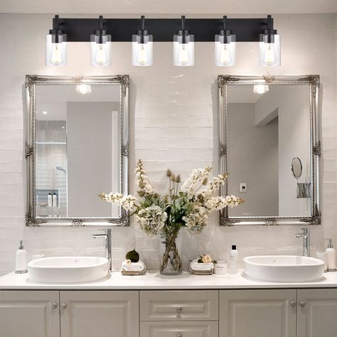 Restroom Vanity Lights, Bathroom Reno Ideas Farmhouse, Bathroom Vanity 2 Mirrors 1 Light, Double Vanity Single Light, Double Vanity One Light, Black Bathroom Vanity Lights, Restroom Light Fixtures, Over Vanity Bathroom Lighting, Master Bathrooms Decorations Ideas