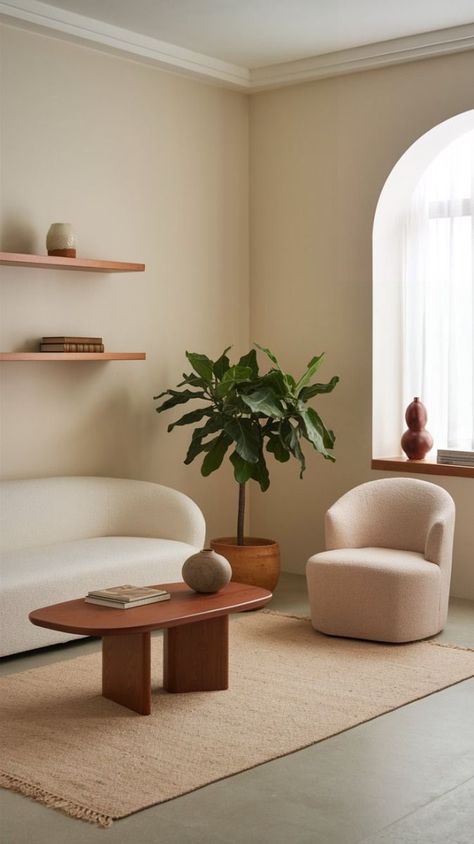 Soft Sitting Space2 Minimalist living room with beige furniture, indoor plant, wooden shelves, and a coffee table on a textured rug. | Sky Rye Design Small Living Room Sofa And Chair, Beige Furniture, Small Room Sofa, Living Space Ideas, Simple Decorating, Inviting Living Room, Textured Rug, Small Lounge, Beige Chair