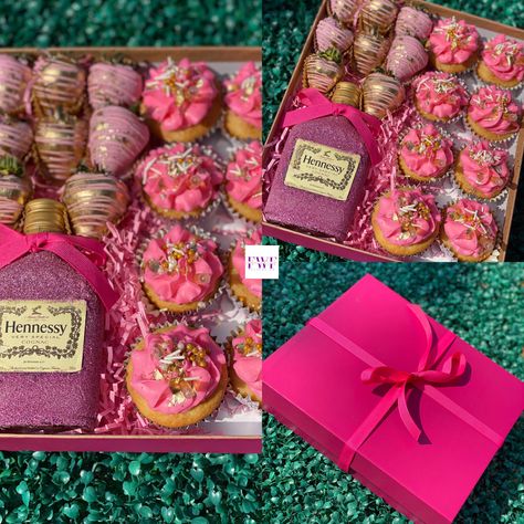 Blinged Hennessy Bottle, Infused Cupcakes & Strawberries Stella Rosa Cake Ideas, Cupcakes With Liquor Bottles, Hennessy Cupcakes, Liquor Bottle Cake, Chocolate Straws, Alcohol Birthday Cake, Valentines Cakes And Cupcakes, Pink Birthday Party Decorations, 21st Birthday Cupcakes