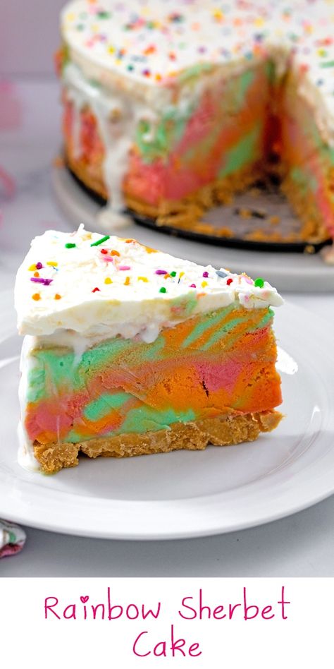 Rainbow Sherbet Cake Sherbert Cake Recipe, Rainbow Sherbet Ice Cream, Sherbet Desserts, Rainbow Sherbet Ice Cream Cake, Sherbet Cake Recipe, Lemon Ice Cream Cake Recipe, Sherbet Ice Cream Cake, Sherbert Cake, Sorbet Cake