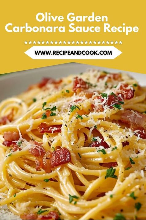 Recreate Olive Garden’s beloved carbonara sauce in just 30 minutes! This quick and easy recipe combines rich cream, parmesan cheese, and savory pancetta for an indulgent meal that’s perfect for busy weeknights. Serve it with spaghetti or your favorite pasta, and don’t forget a sprinkle of parsley for that gourmet touch. Pin this recipe for your next pasta night inspiration! Food And Wine Spaghetti Carbonara, Olive Garden Chicken Carbonara Recipe, Olive Garden Carbonara, Olive Garden Carbonara Recipe, Pasta Carbonara Recipe Authentic, Spaghetti Carbonara With Cream, Campanelle Pasta Recipes, Italian Menu Ideas, Cabonara Recipes