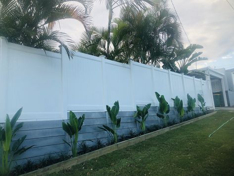 Retaining Wall With Fence On Top, Fence On Concrete, Hamptons Landscaping, Concrete Sleeper Retaining Walls, Retaining Wall Fence, Sleeper Retaining Wall, Concrete Sleepers, Wall Fence, Landscaping Retaining Walls