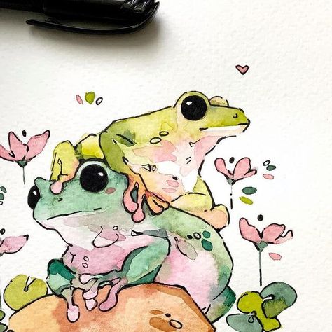 Tree Frog Watercolor, Frog Drawing Watercolor, Watercolor Frog Cute, Frog Gouache, Two Frogs Drawing, Frog Watercolor Paintings, Frog Illustration Cute, Cute Frogs Art, Cute Frog Painting