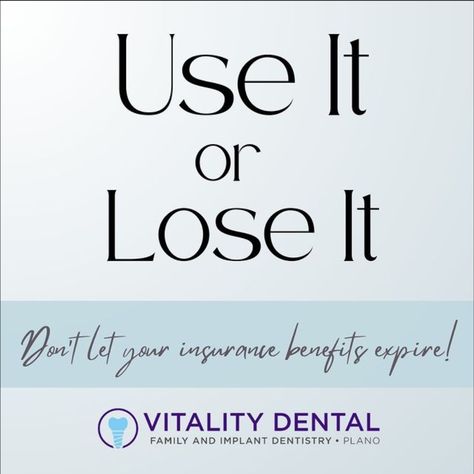 Use it or lose it! Did you know that the majority of patients have dental insurance dollars to use but leave them on the table? Most dental benefits "reset" or "expire" at the start of a new year. If you have any questions about your dental insurance or remaining benefits, give us a call at 972-964-3800. Dental Benefits End Of Year, Implant Dentistry, Insurance Benefits, Family Dental, Dental Insurance, End Of Year, The Start, Knowing You, Did You Know