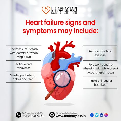 Heart failure can occur if the heart cannot pump (systolic) or fill (diastolic) adequately. So stay aware of these symptoms in order to stay healthy. Know more about your heart with Cardiac Surgeon Dr. Abhay Jain Call for appointment : +9198198 73161 Learn more : www.drabhayjain.in #cardiacsurgeon #drabhayjain #heart #life #disease #surgeon #cardiac #cvts #cardiovascularthoracicsurgery #abhayjain #abhay #mumbai #mumbaicardiacsurgeon #cardiacsurgeonmumbai #heartdisease Cardiac Surgeon, Persistent Cough, Pink Blood, Sick Remedies, Prom Hairstyles For Long Hair, Bob Hairstyles For Fine Hair, Shortness Of Breath, Nerve Pain, Signs And Symptoms