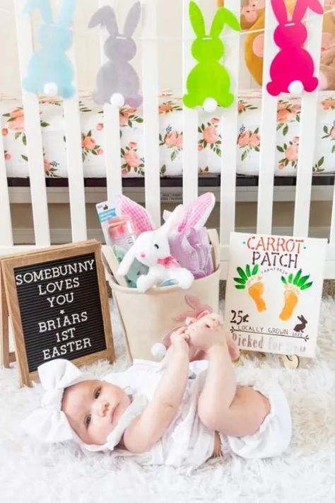 Are you looking for cute and unique ideas to capture your baby’s first Easter photo? We've got some adorable baby's first Easter photo ideas you'll want to see. Easter Diy Pictures Baby, Baby Easter Basket Pictures, Easter Pictures Mom And Son, 1st Easter Photoshoot, Diy First Easter Pictures, Newborn Easter Basket Photo Shoot, Easter Monthly Pictures, Cute Easter Picture Ideas, 3 Month Old Easter Pictures