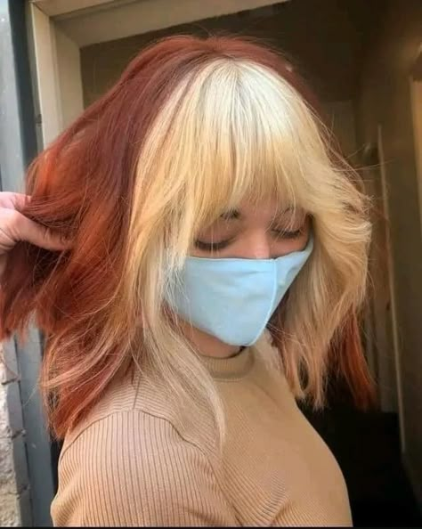 Blonde Fringe Ginger Hair, Strawberry Blonde Color Block, Copper Hair With White Streak, Red Hair With Blonde Underlayer, Short Blonde And Red Hair, Red And Blonde Hair With Bangs, Copper Blonde Split Dye, Short Ginger Hair With Blonde Streak, Orange Hair With Blonde Streak