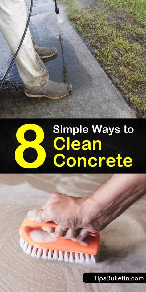 Learn how to maintain concrete floors with sealer and regular cleaning. Remove everyday grime and rust stains off of concrete by using a bleach cleaning solution and a stiff bristle scrub brush or power washer. #howtocleanconcrete #cleaningconcrete #cleanconcrete Power Washer Solution Diy, Bleach Cleaning, Cleaning Concrete Floors, Cleaning Concrete, Garage Cleaning, Patio Paint, Concrete Cleaner, Pressure Washing Business, Garden Concrete