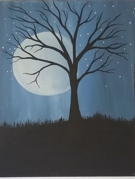 Easy Tree Painting, Tree Painting Ideas, Tree Painting Easy, Night Paintings, Poster Color Painting, Tree Painting Canvas, Painting Easy, Easy Canvas Painting, Moon Painting