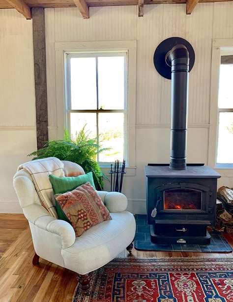 Coastal Maine Home Interiors, Maine Living Room, Maine Home Interior, Maine Interior Design, Maine Home Aesthetic, Maine Cottage Aesthetic, Maine House Interiors, Cottage Woodstove, Maine Home Decor