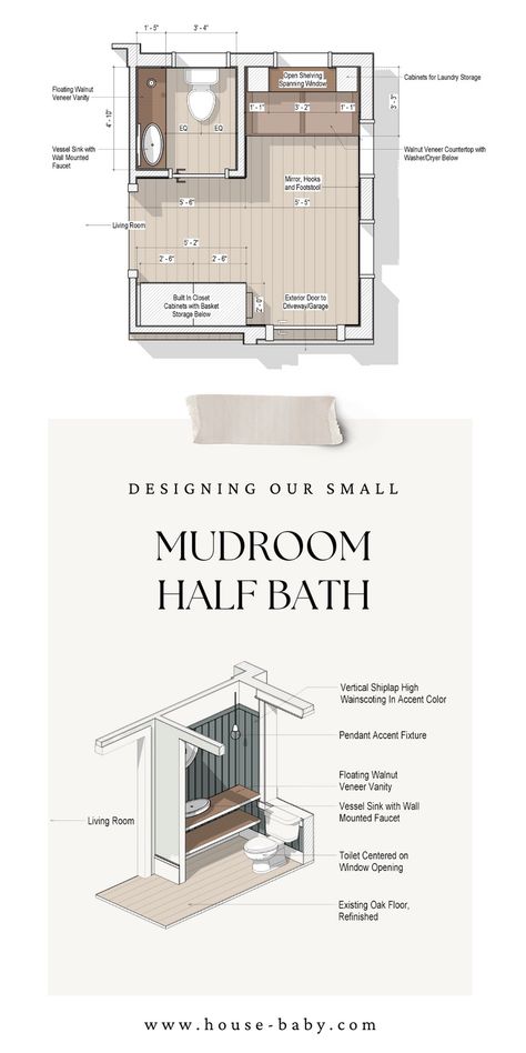 Transformation of our sunroom into a mudroom with a half bath and laundry area. Check out our small mudroom with laundry nook. Create your own DIY laundry room using Ikea Sektion built-in closets and cabinets. We added shelves in front of the window for extra storage. Explore our DIY walnut veneer floating shelves and a stylish walnut veneer laundry countertop. Half Bath Mudroom Combo, Bathroom Ideas With Laundry, Mudroom Bathroom Combo Layout, Bath Renovation Ideas, Mudroom With Laundry, Half Bath Laundry Room Combo, Coastal Mudroom, Half Bath Renovation, Laundry Half Bath