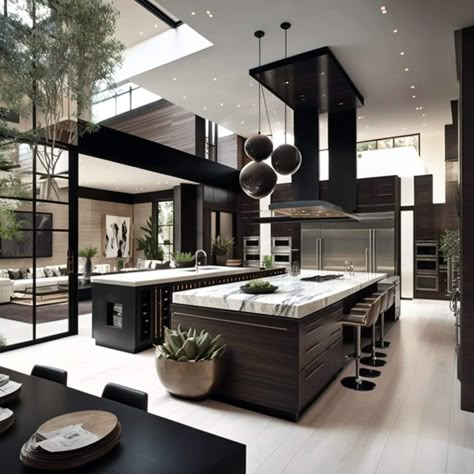 Huge Island With Seating, Grand Kitchen Luxury Modern, Big Modern Kitchen Design, Massive Kitchen Island, Big Kitchen Ideas Modern, Big Kitchen Ideas Luxury, Huge Kitchen Luxury, Big Modern Kitchen, Black And White Interior Design