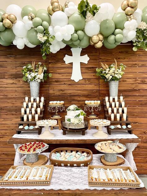 Confirmation Dessert Table Ideas, Baptism Ideas For Boys, Confirmation Ideas Decorations, Confirmation Decorating Ideas Simple, Floral Baptism Decorations, First Communion Girl Decorations, Eucalyptus Baptism Decor, Baptism Snack Table Ideas, Bautizo Balloon Garland