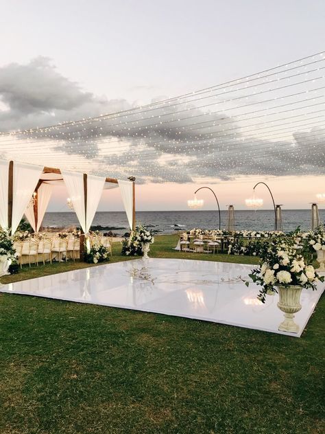 Wedding Arches Outdoors Beach, Classy Romantic Wedding Theme, Wedding Dance Floor With Lights, Tent Wedding Beach, Wedding Dishes Food Buffet Tables, Wedding Floor Design, Big Tent Wedding Receptions, Wedding Dancefloor Outdoors, Wedding Outside Dance Floor