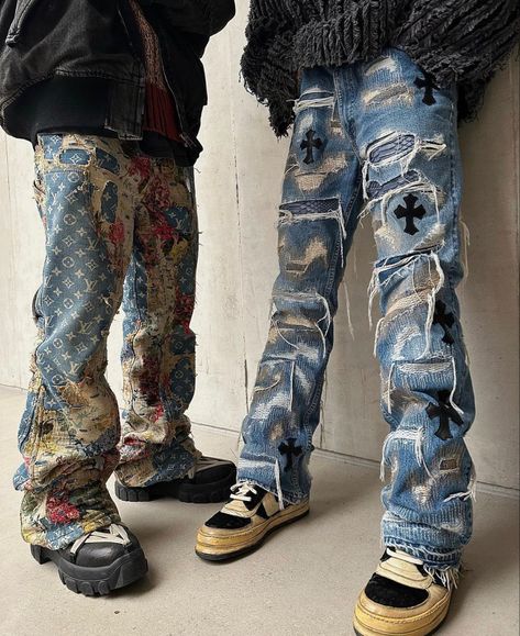 Chrome Hearts Jeans Outfit, Chrome Heart Jeans, Abstract Jeans, Gallery Dept Jeans, Chrome Hearts Jeans, Trill Fashion, Heart Jeans, Y2k Outfits Men, Denim Diy Clothes