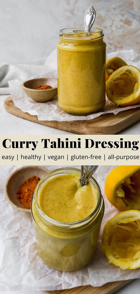 This all-purpose curry tahini dressing is made with simple, healthy ingredients and adds SO much flavour to a variety of meals. The recipe is super quick + easy to make and is vegan + gluten-free! Curry Dressing Recipe, Vegan Tahini Dressing, Walder Wellness, Vegan Salad Dressing Recipes, Tahini Dressing Recipe, Tahini Recipe, Artisan Bakery, Healthy Sauces, Vegan Dressing