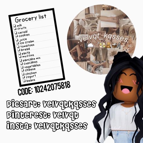 check out insta, & picsart. 🙈 follow and like pls , for any decal requests, dm me! <3 Bloxburg Decals Codes To Do List, Bloxburg Grocery List Decal Codes, Bloxburg Decals Chores, Bloxburg Chores List Codes, Bloxburg Price Tag Decals, Bloxburg Decals Codes Chores List, Roblox Family Decal Codes, Bloxburg Calendar Decals 2024, Bloxburg Emotes Codes