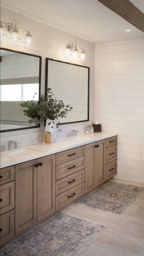 Industrial Modern Master Bath, Master Bathrooms 2023 Trends Farmhouse, Black And Brown Master Bath, White Bathroom With Brown Cabinets, Bathroom Remodel Brown Vanity, Black White And Taupe Bathroom, 8 Ft Vanity Master Bath, Light Brown Bathroom Cabinets, Double Sink Guest Bathroom Ideas